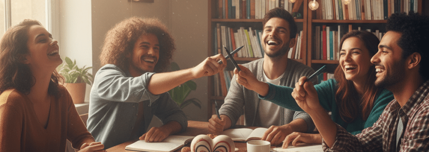 Group of five friends sitting around a table studying with notebooks, sharing pens and laughing under a banner that says 'Coeur Amour Rir'