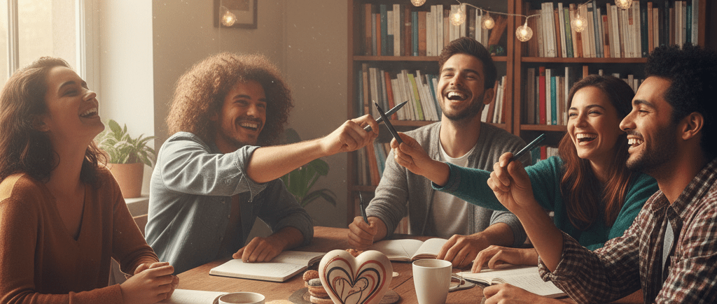 Group of five friends sitting around a table studying with notebooks, sharing pens and laughing under a banner that says 'Coeur Amour Rir'